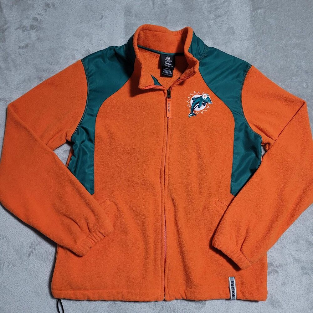 Miami Dolphins Jacket Womens Large Orange NFL Football Reebok Fleece Full Zip